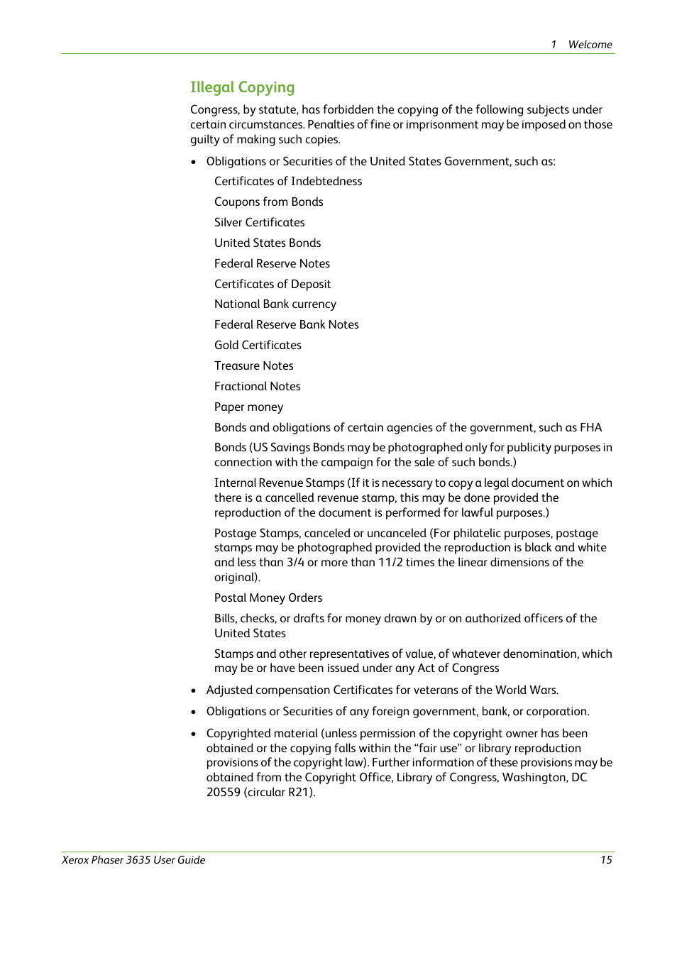 Illegal copying | Xerox Phaser 3635 User Manual | Page 21 / 228