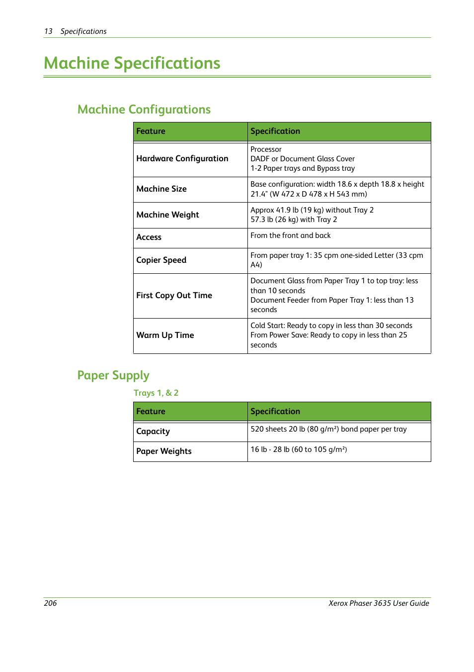 Machine specifications, Paper supply, Refer to machine | Machine configurations paper supply | Xerox Phaser 3635 User Manual | Page 212 / 228