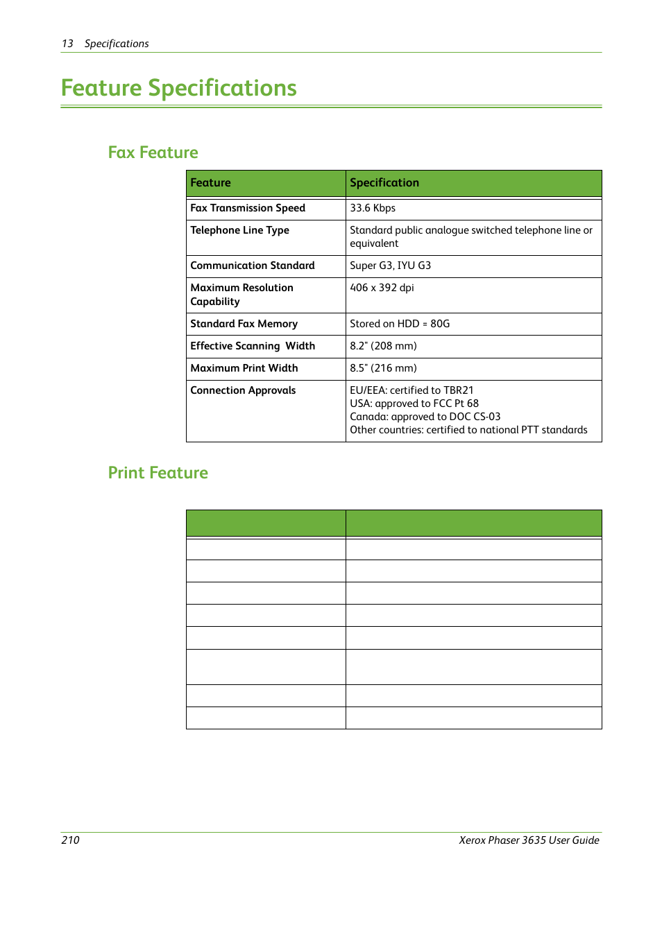 Feature specifications, Fax feature, Print feature | Fax feature print feature | Xerox Phaser 3635 User Manual | Page 216 / 228