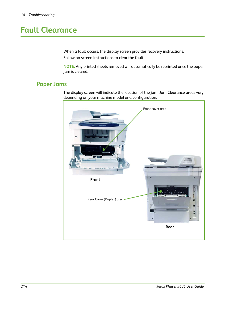 Fault clearance, Paper jams | Xerox Phaser 3635 User Manual | Page 220 / 228