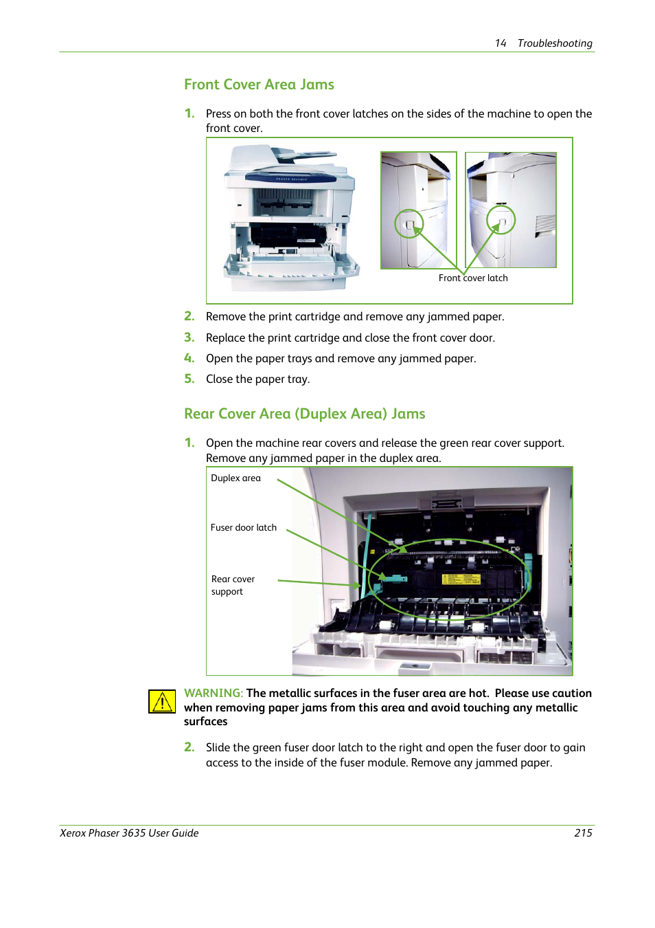 Front cover area jams, Rear cover area (duplex area) jams | Xerox Phaser 3635 User Manual | Page 221 / 228