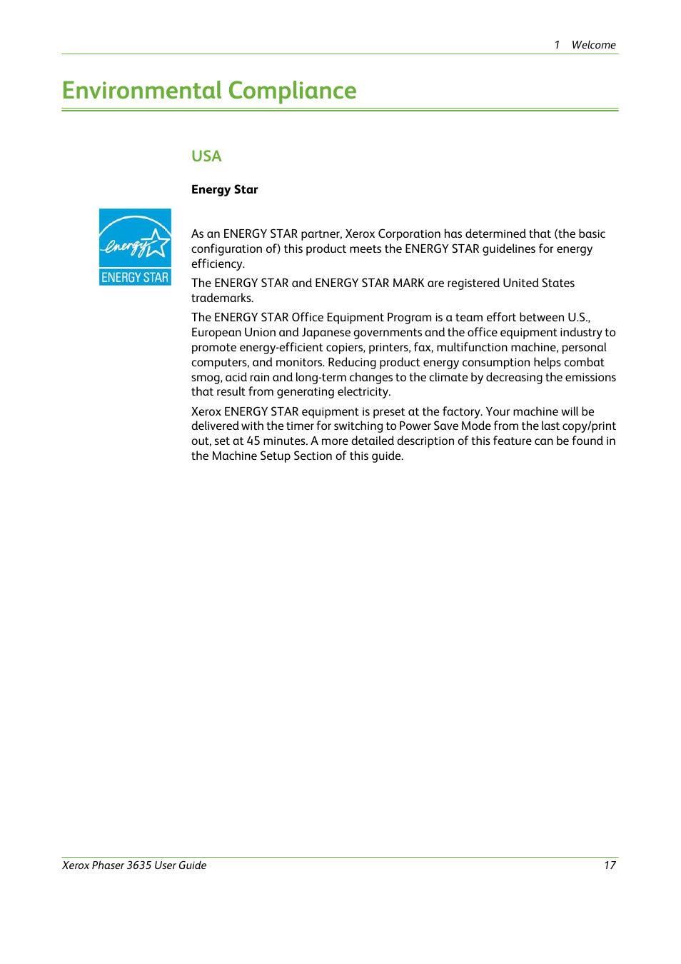 Environmental compliance | Xerox Phaser 3635 User Manual | Page 23 / 228
