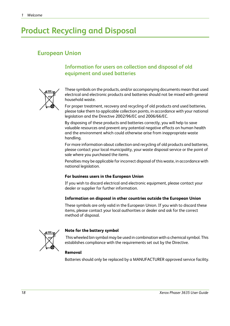 Product recycling and disposal, European union | Xerox Phaser 3635 User Manual | Page 24 / 228