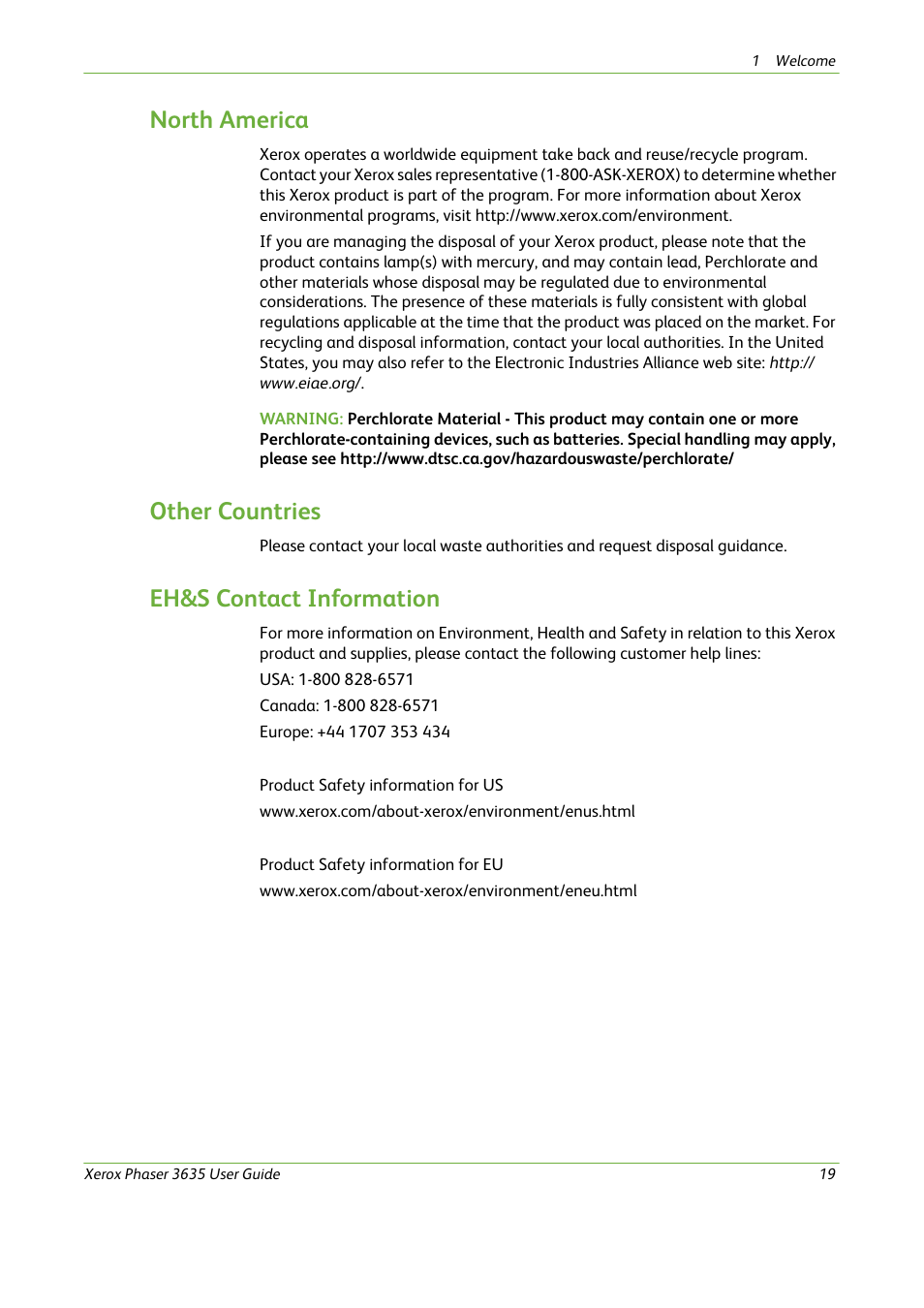 North america, Other countries, Eh&s contact information | Xerox Phaser 3635 User Manual | Page 25 / 228