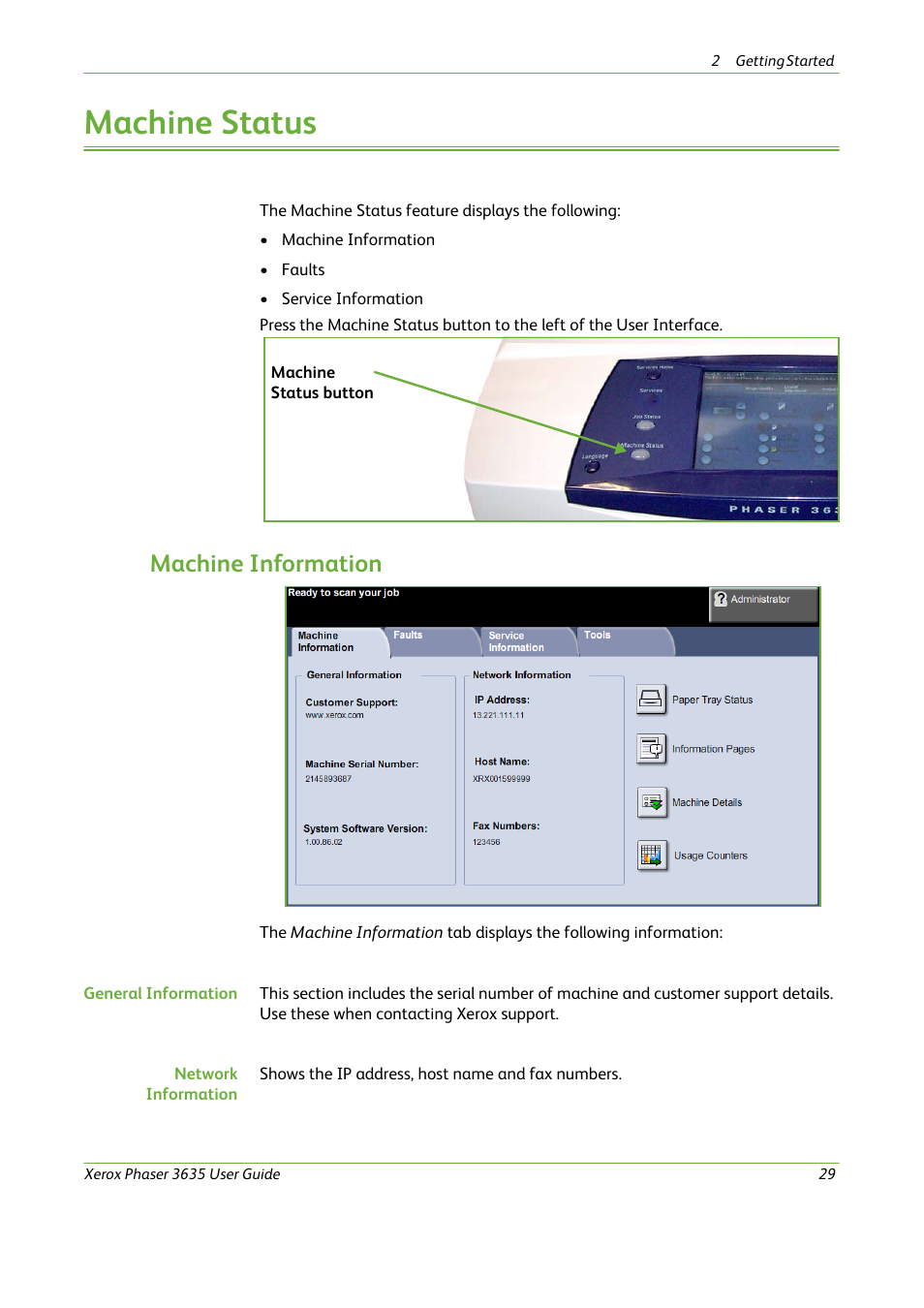 Machine status, Machine information | Xerox Phaser 3635 User Manual | Page 35 / 228