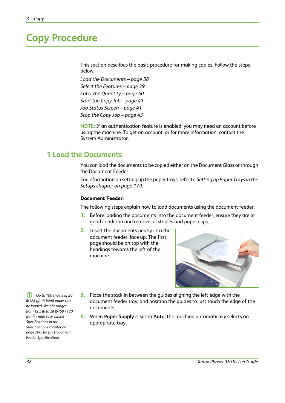 Copy procedure, 1 load the documents | Xerox Phaser 3635 User Manual | Page 44 / 228