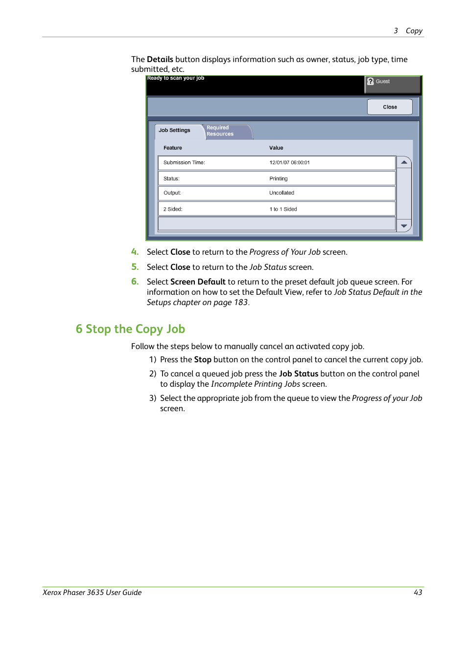 6 stop the copy job | Xerox Phaser 3635 User Manual | Page 49 / 228