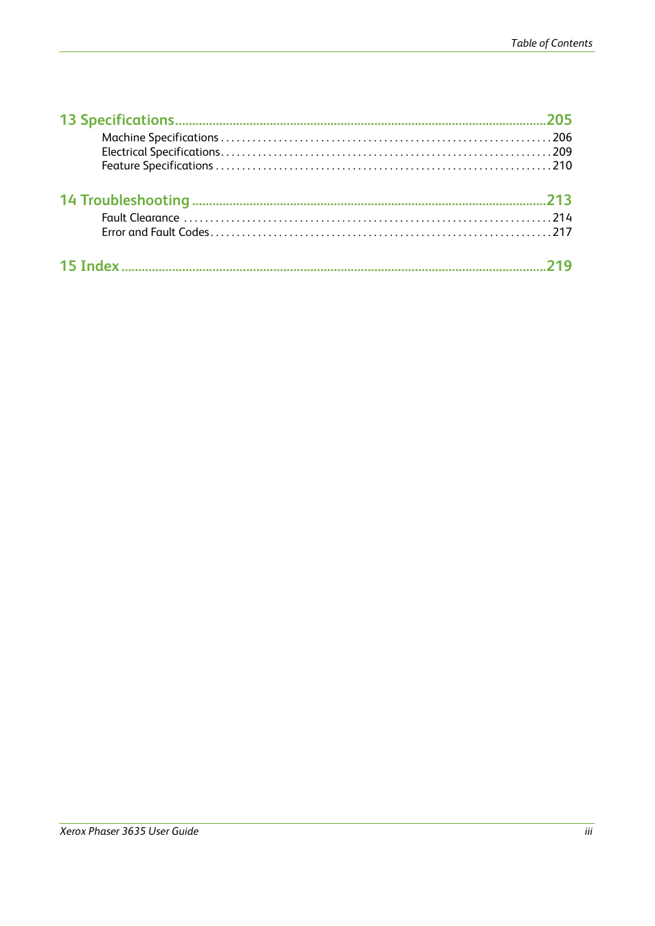 13 specifications, 14 troubleshooting, 15 index | Xerox Phaser 3635 User Manual | Page 5 / 228