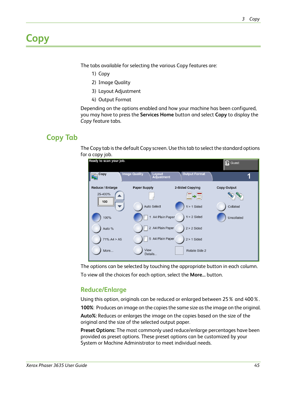 Copy, Copy tab, Reduce/enlarge | Xerox Phaser 3635 User Manual | Page 51 / 228