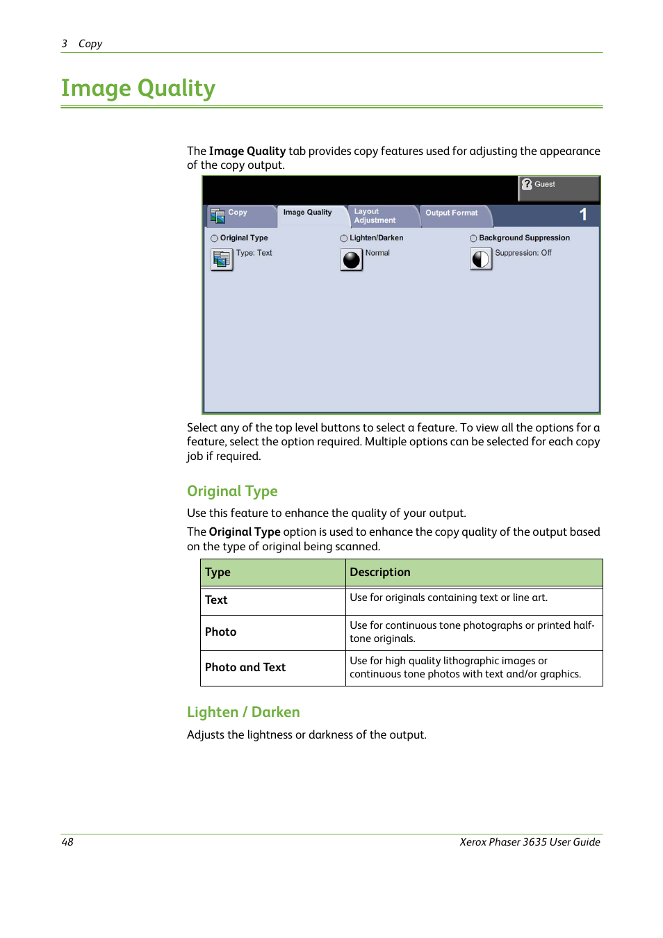 Image quality, Original type, Lighten / darken | Xerox Phaser 3635 User Manual | Page 54 / 228