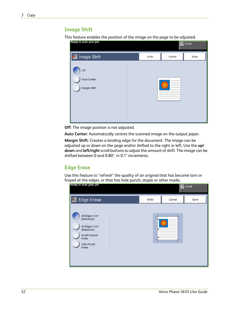 Image shift, Edge erase | Xerox Phaser 3635 User Manual | Page 58 / 228