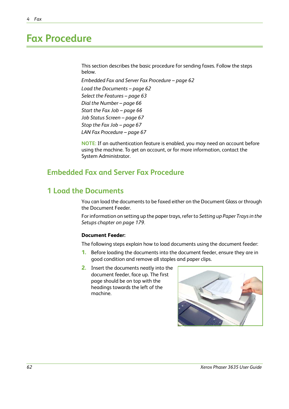 Fax procedure, Embedded fax and server fax procedure | Xerox Phaser 3635 User Manual | Page 68 / 228