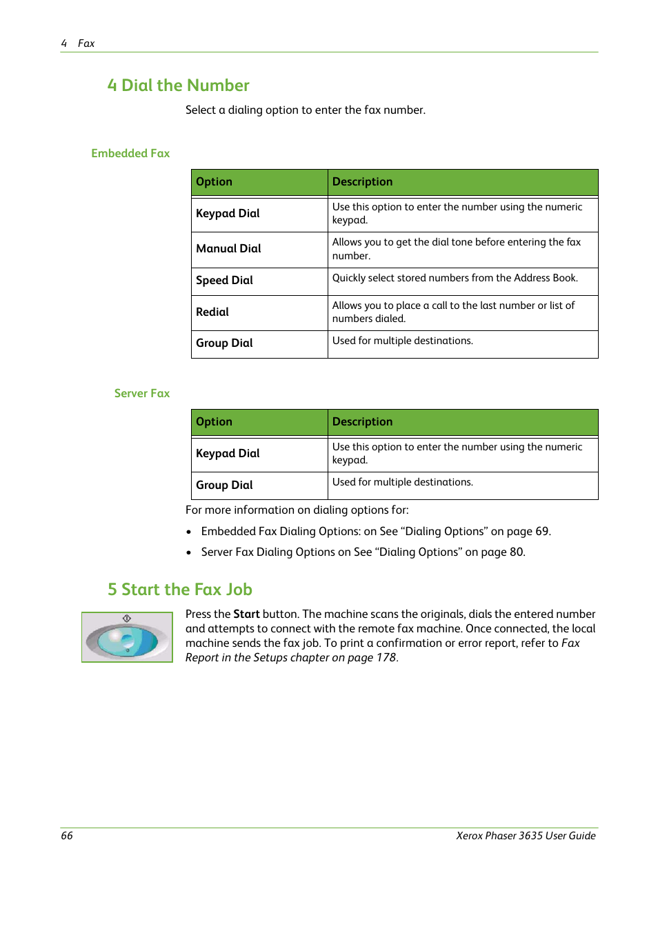 4 dial the number, 5 start the fax job | Xerox Phaser 3635 User Manual | Page 72 / 228