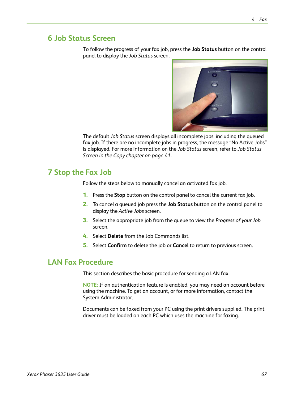 Lan fax procedure, 6 job status screen, 7 stop the fax job | Xerox Phaser 3635 User Manual | Page 73 / 228