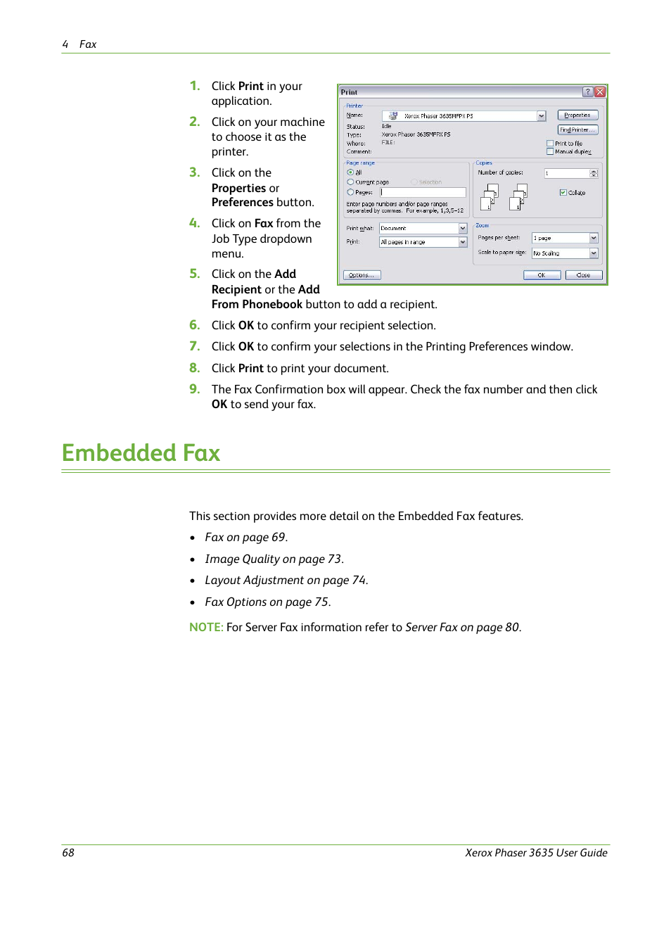 Embedded fax | Xerox Phaser 3635 User Manual | Page 74 / 228