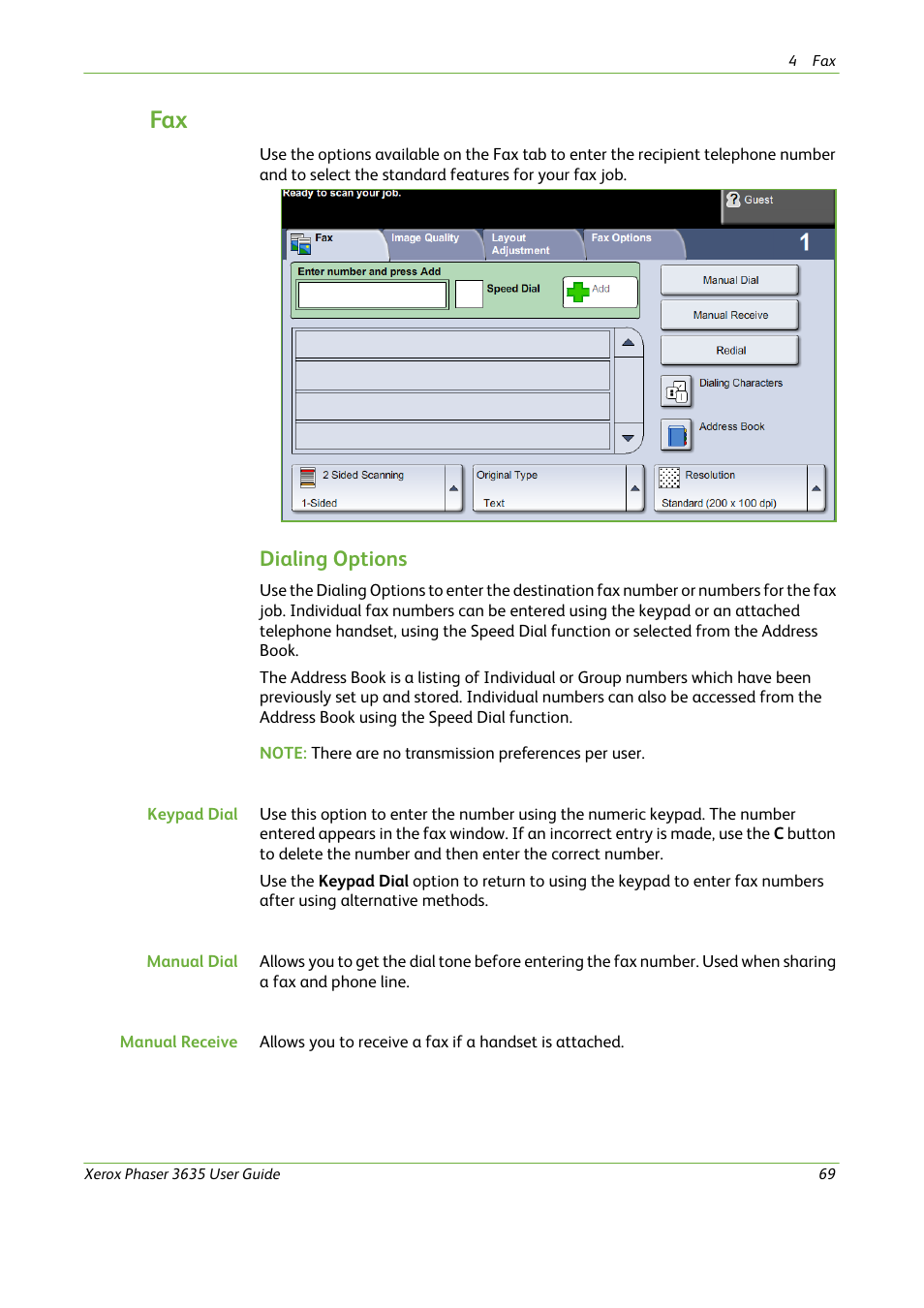 Dialing options | Xerox Phaser 3635 User Manual | Page 75 / 228