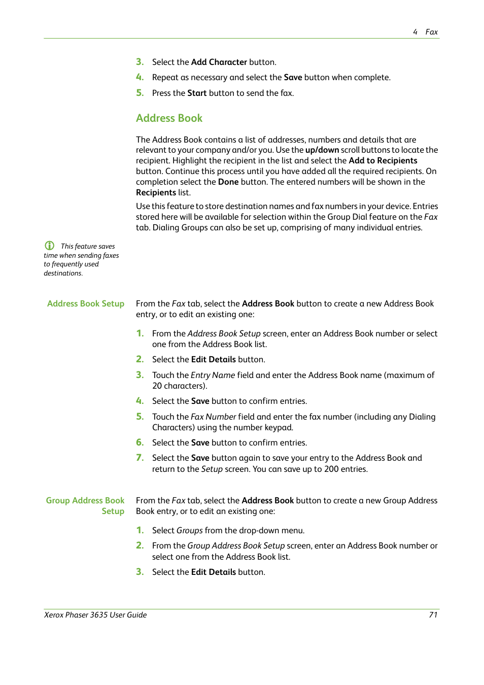 Address book | Xerox Phaser 3635 User Manual | Page 77 / 228