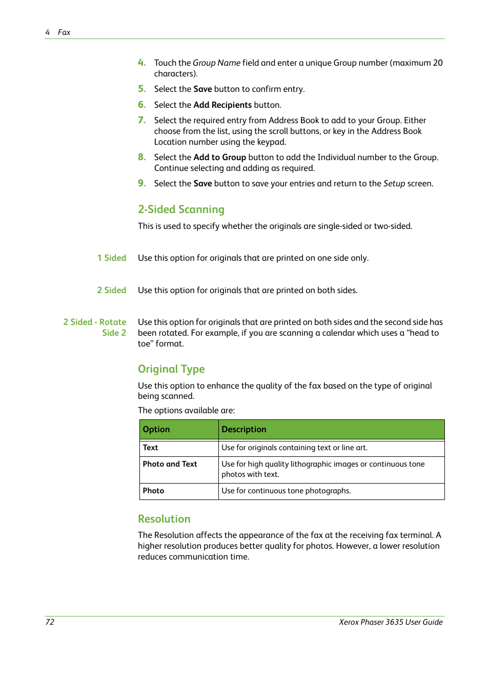 Sided scanning, Original type, Resolution | Xerox Phaser 3635 User Manual | Page 78 / 228