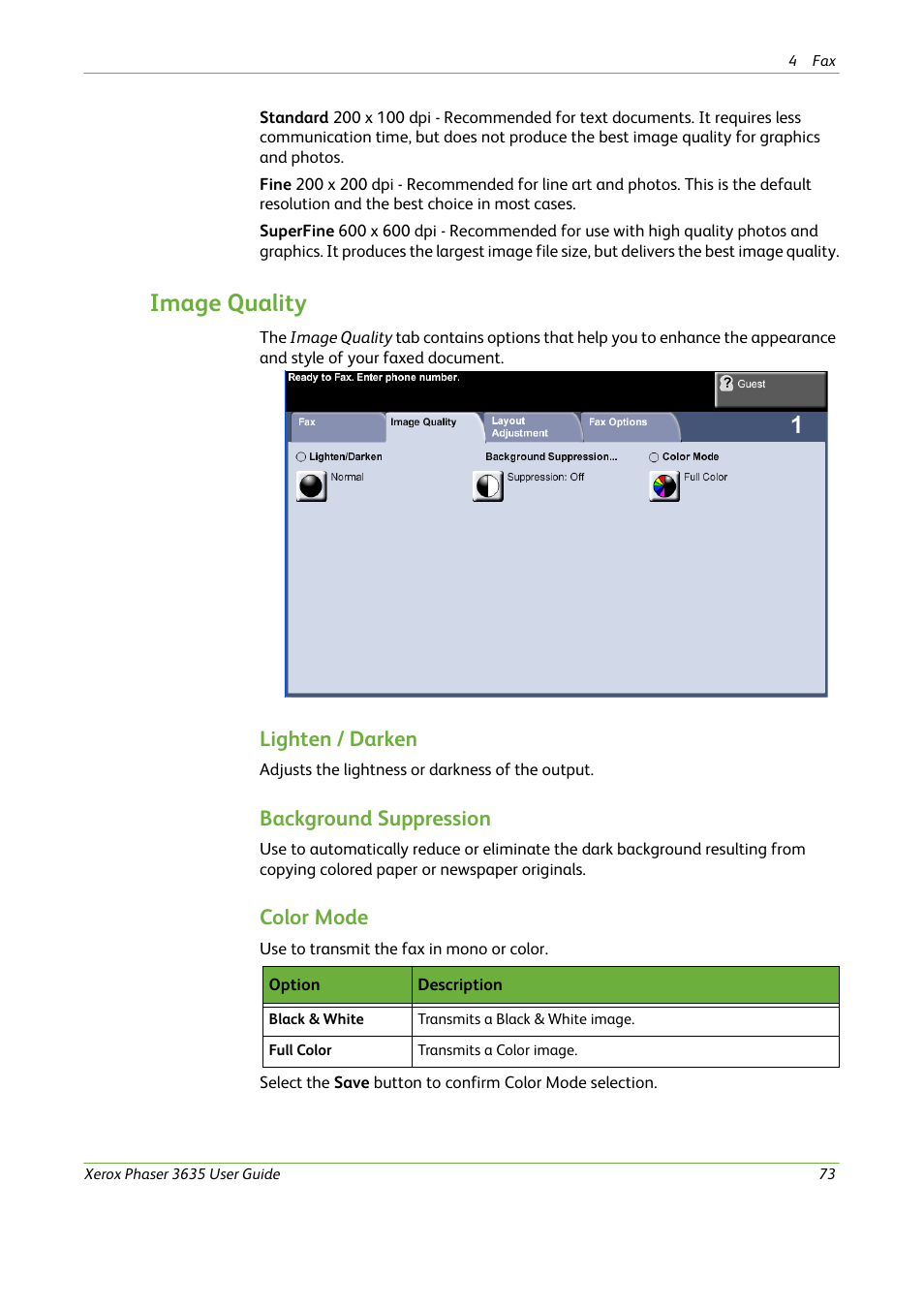 Image quality, Lighten / darken, Background suppression | Color mode | Xerox Phaser 3635 User Manual | Page 79 / 228