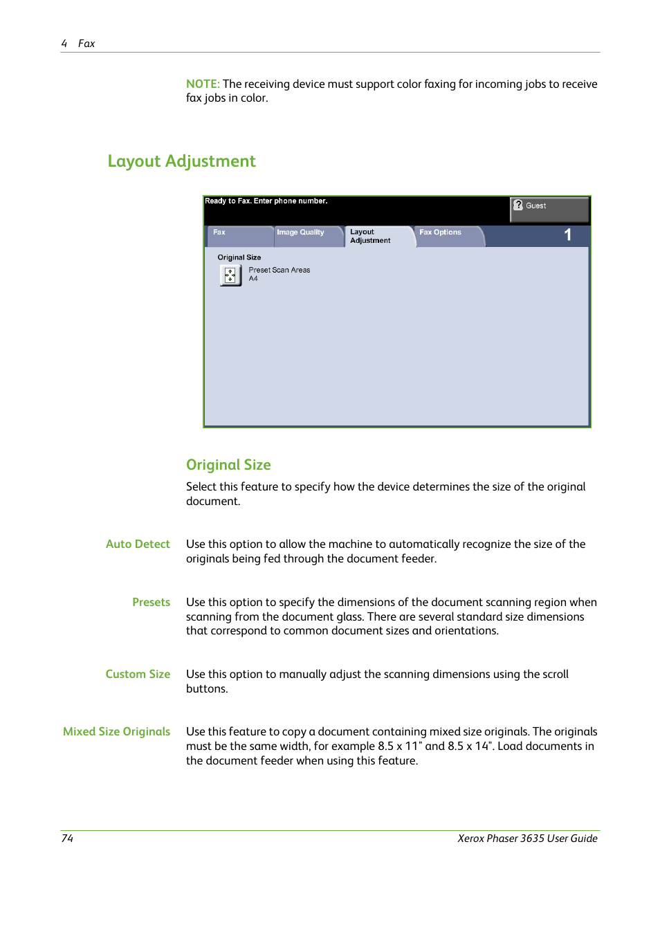 Layout adjustment, Original size | Xerox Phaser 3635 User Manual | Page 80 / 228