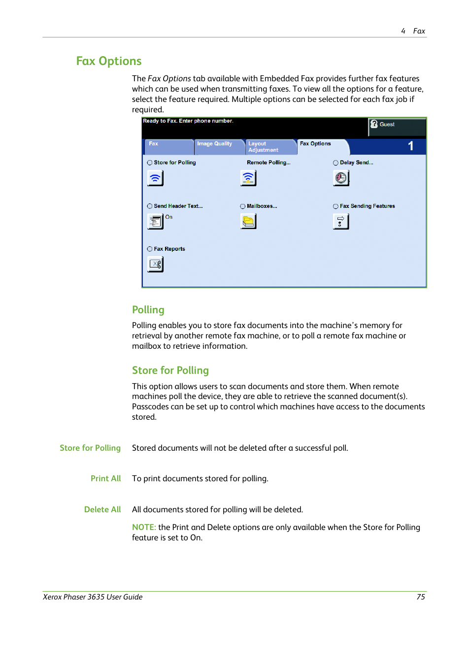 Fax options, Polling, Store for polling | Xerox Phaser 3635 User Manual | Page 81 / 228