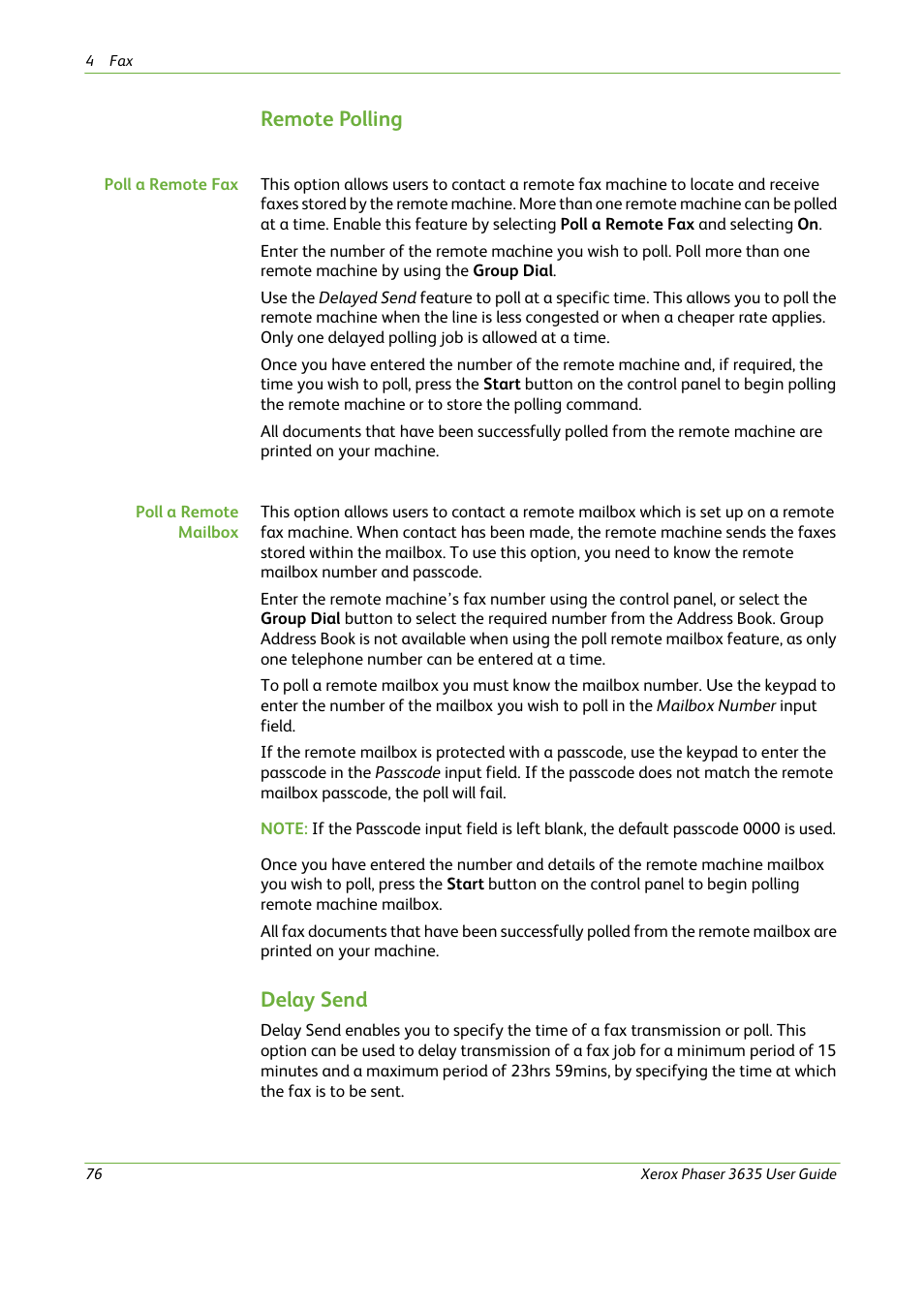 Remote polling, Delay send | Xerox Phaser 3635 User Manual | Page 82 / 228