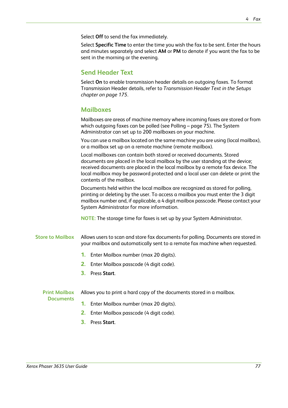 Send header text, Mailboxes | Xerox Phaser 3635 User Manual | Page 83 / 228