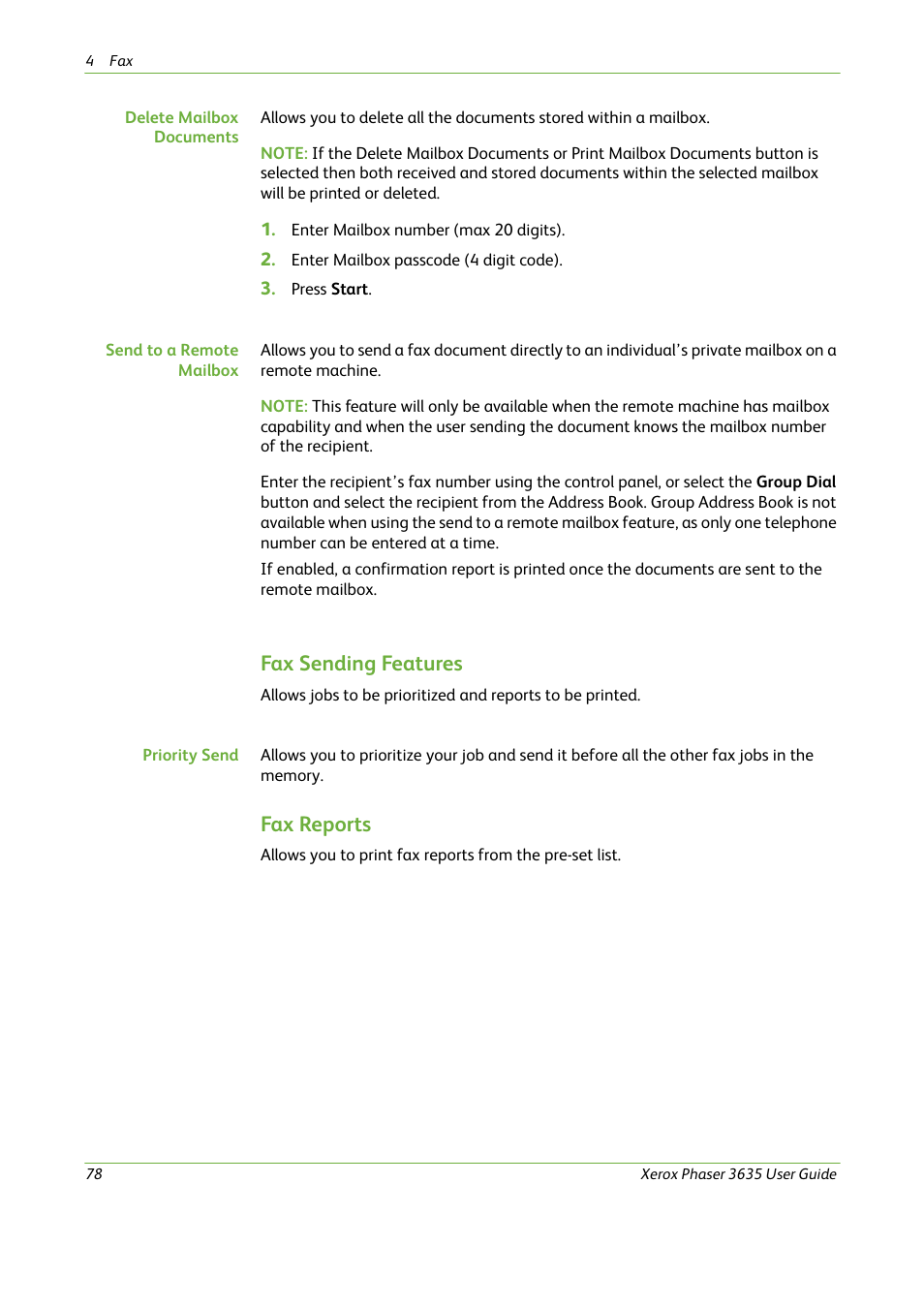 Fax sending features, Fax reports | Xerox Phaser 3635 User Manual | Page 84 / 228