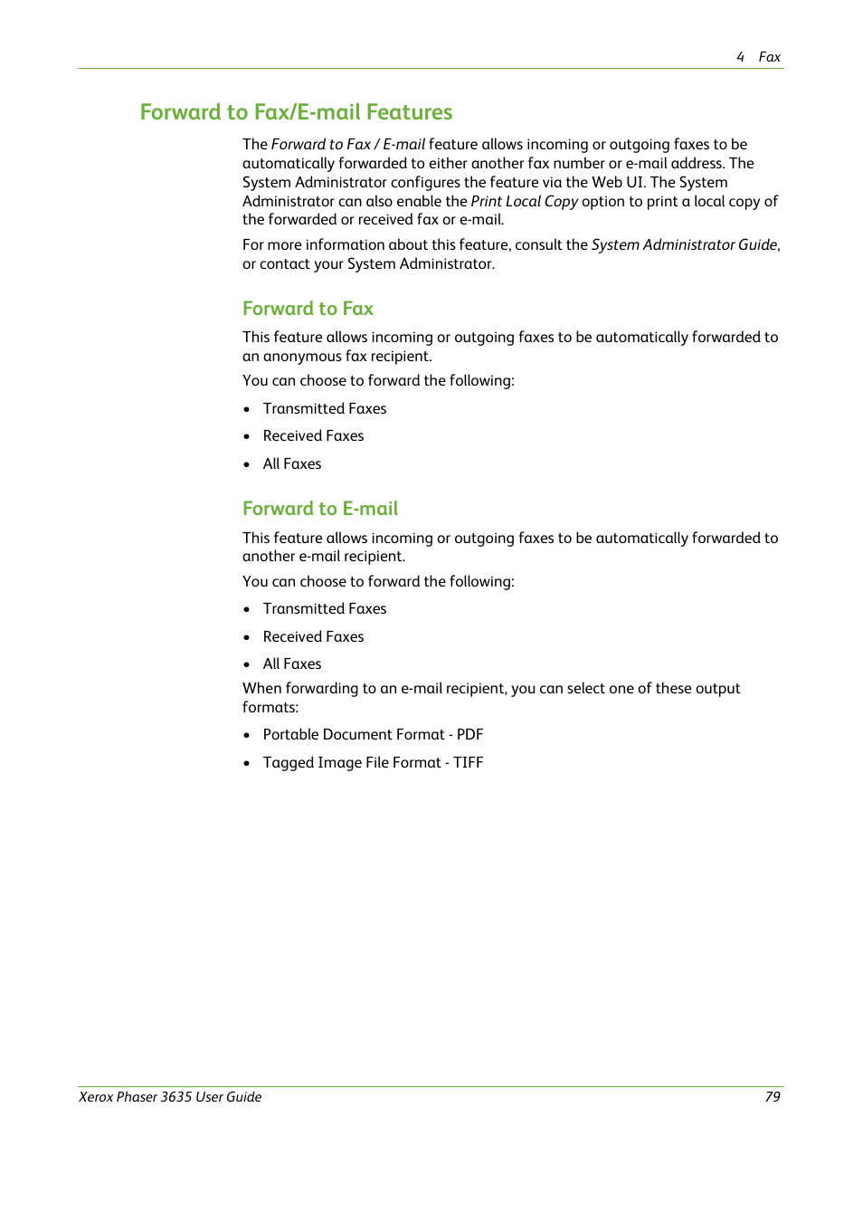 Forward to fax/e-mail features, Forward to fax, Forward to e-mail | Xerox Phaser 3635 User Manual | Page 85 / 228