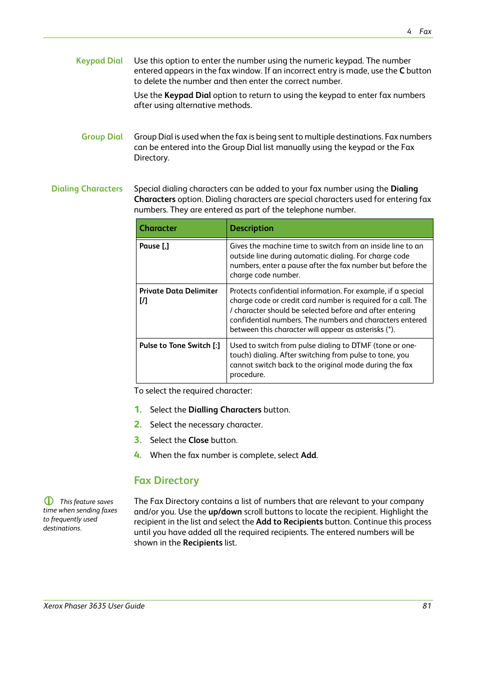 Fax directory | Xerox Phaser 3635 User Manual | Page 87 / 228