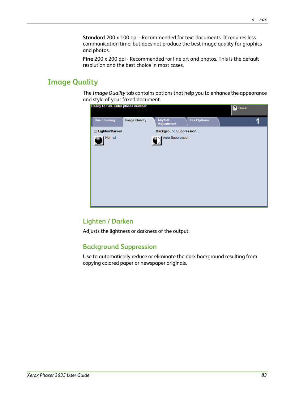 Image quality, Lighten / darken, Background suppression | Xerox Phaser 3635 User Manual | Page 89 / 228