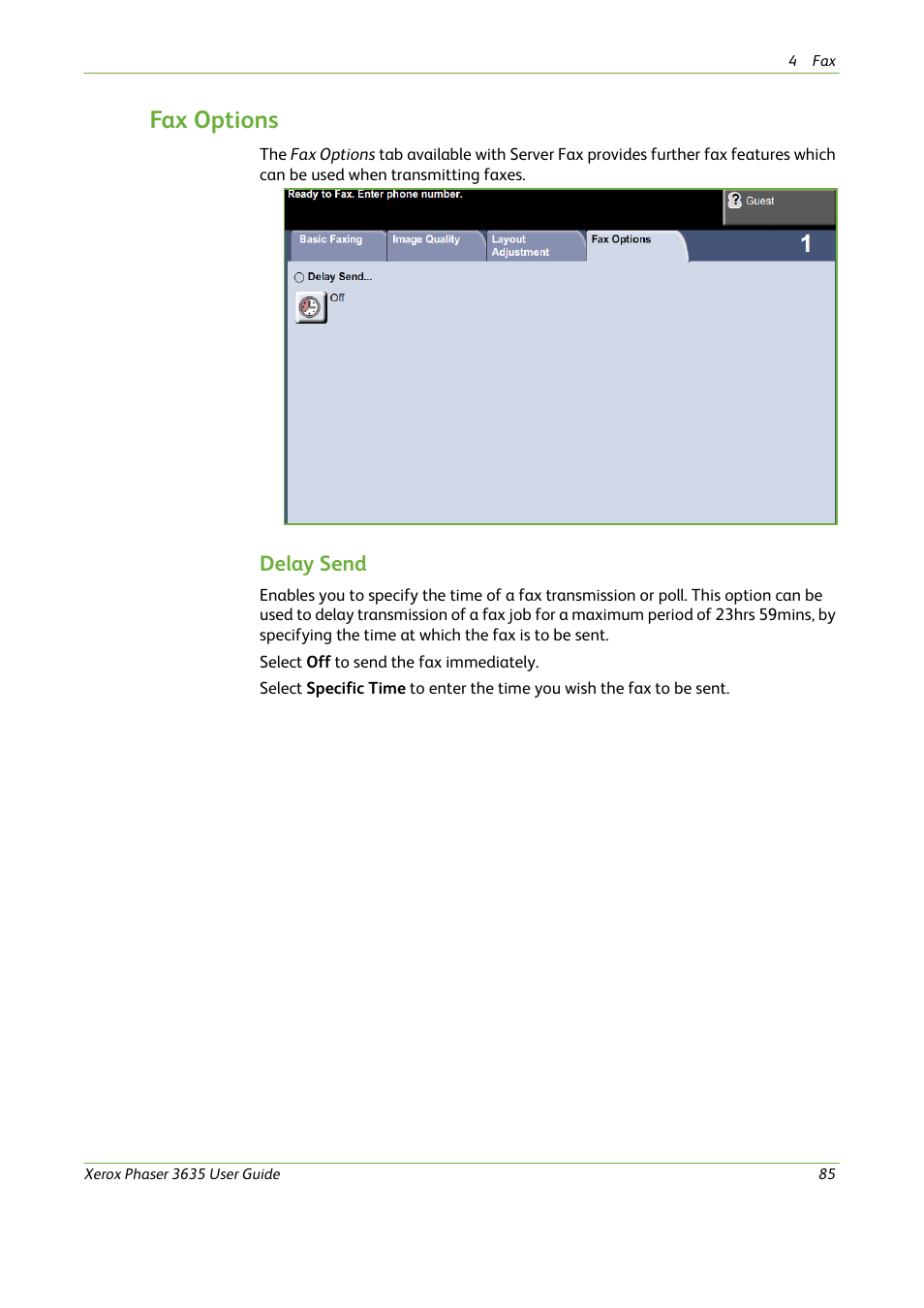 Fax options, Delay send | Xerox Phaser 3635 User Manual | Page 91 / 228