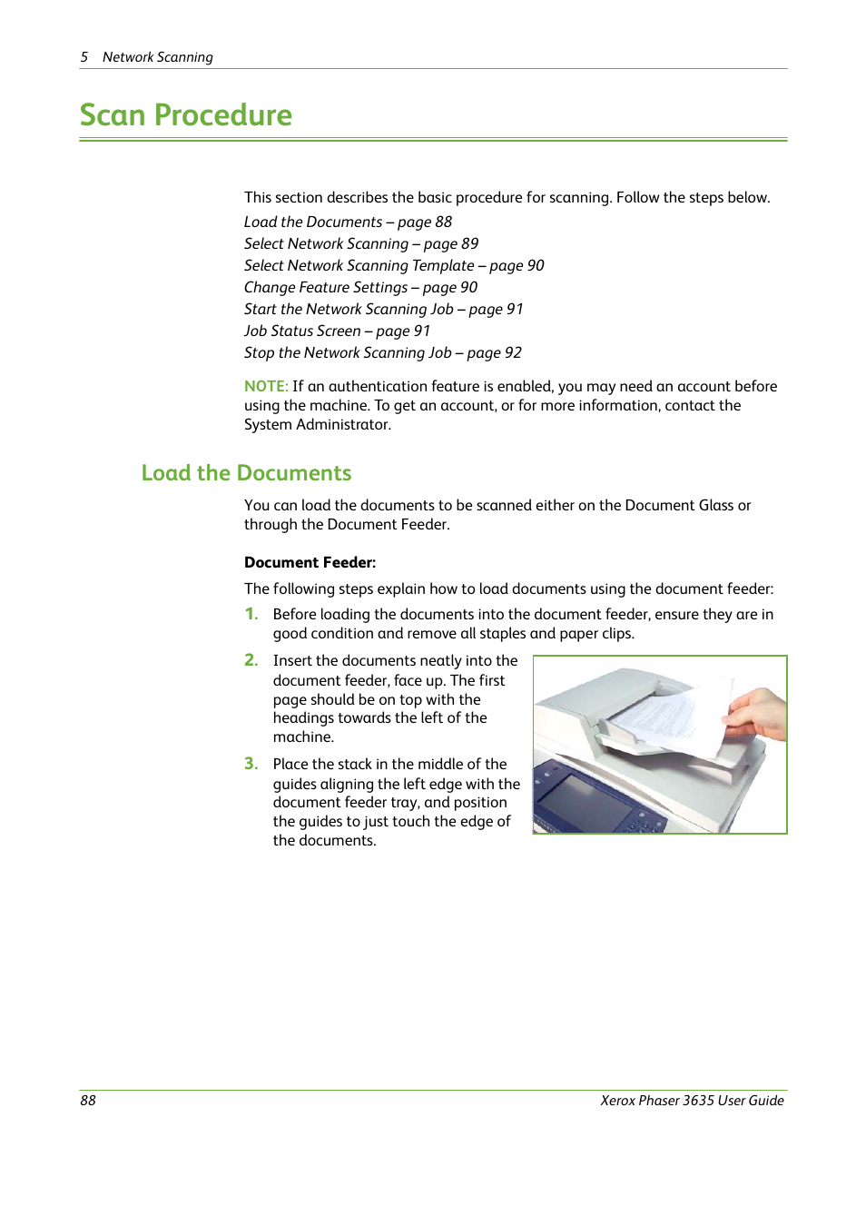 Scan procedure, Load the documents | Xerox Phaser 3635 User Manual | Page 94 / 228