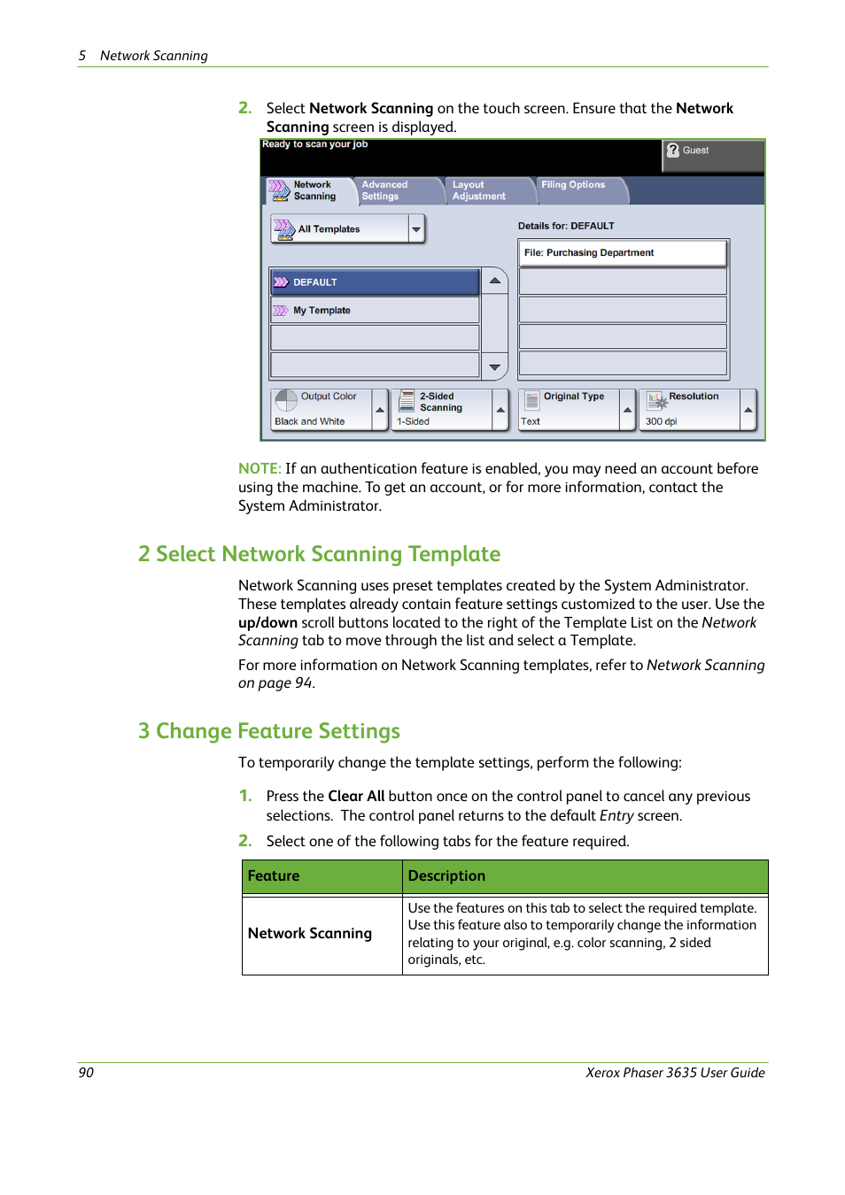 2 select network scanning template, 3 change feature settings | Xerox Phaser 3635 User Manual | Page 96 / 228