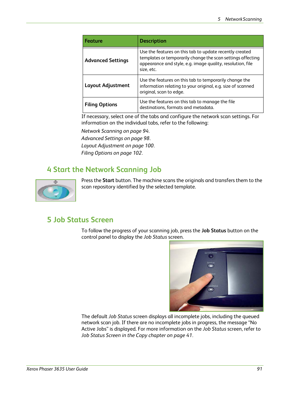 4 start the network scanning job, 5 job status screen | Xerox Phaser 3635 User Manual | Page 97 / 228