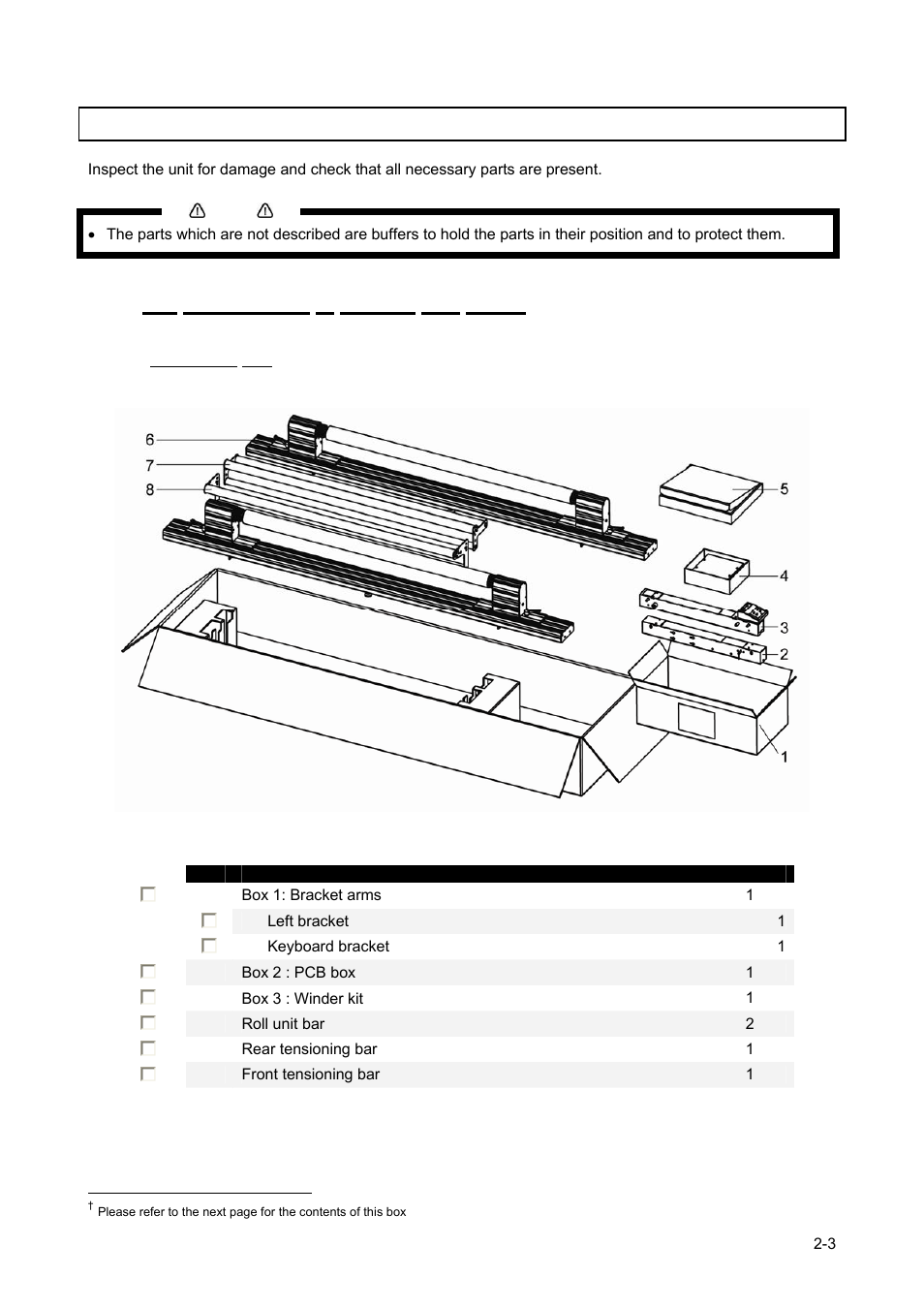 2 verifying the packaged items, 1 for rockhopper 3, spitfire and viper, 1 packaging box | Xerox 83xx User Manual | Page 11 / 44