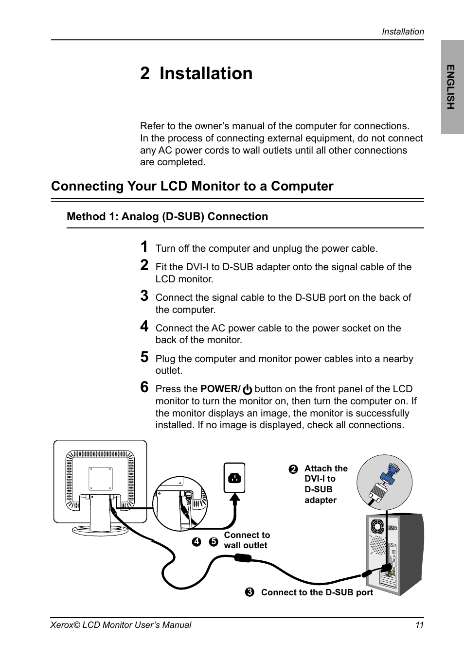Chapter 1, Introduction, Installation | Connecting your lcd monitor to a computer, 2 installation | Xerox XA7-19i User Manual | Page 12 / 23