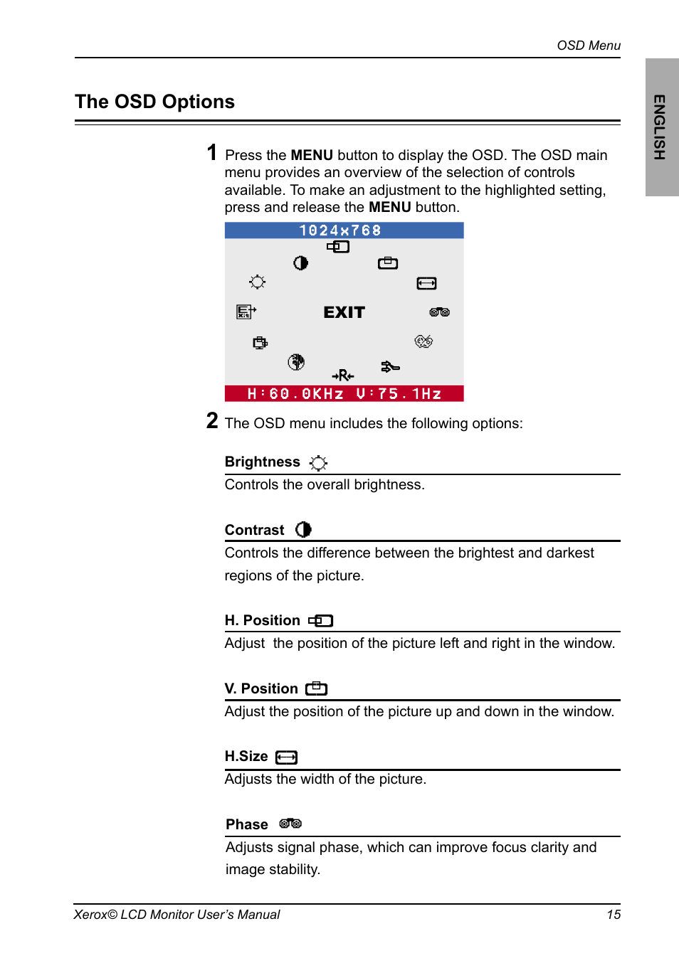The osd options | Xerox XA7-19i User Manual | Page 16 / 23