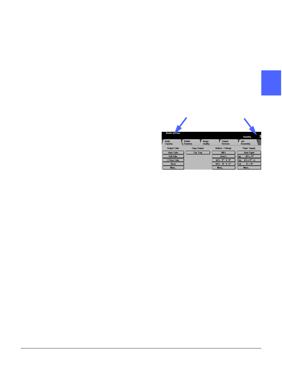 Touch screen, Message area, Copy quantity | Xerox 50 User Manual | Page 41 / 284