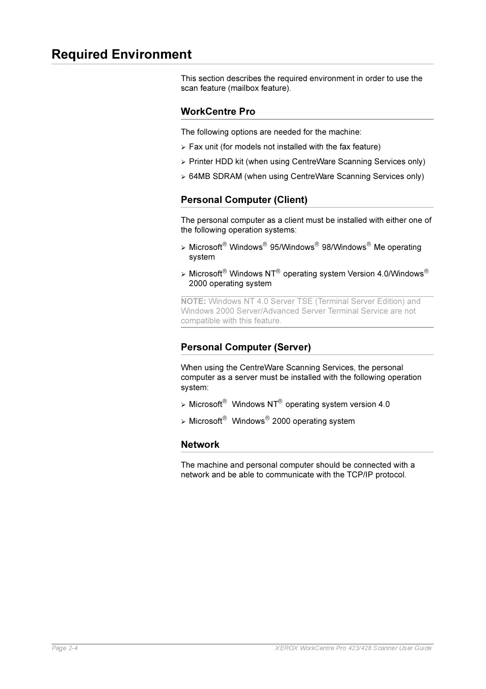 Required environment, Workcentre pro, Personal computer (client) | Personal computer (server), Network, Required environment -4, Workcentre pro -4 | Xerox 423 User Manual | Page 14 / 68