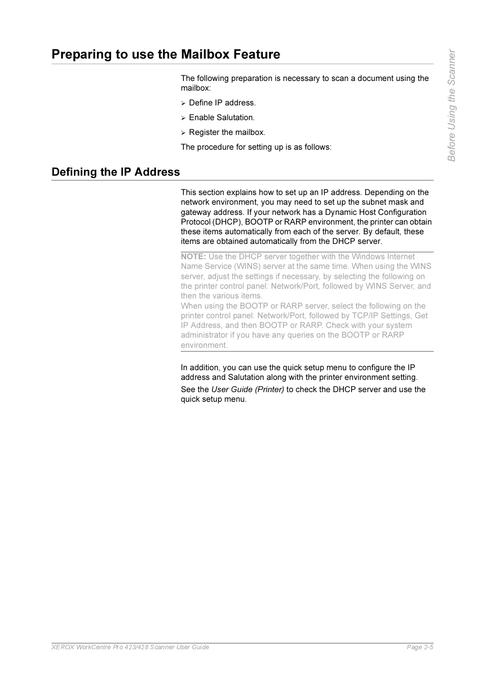 Preparing to use the mailbox feature, Defining the ip address, Preparing to use the mailbox feature -5 | Defining the ip address -5 | Xerox 423 User Manual | Page 15 / 68