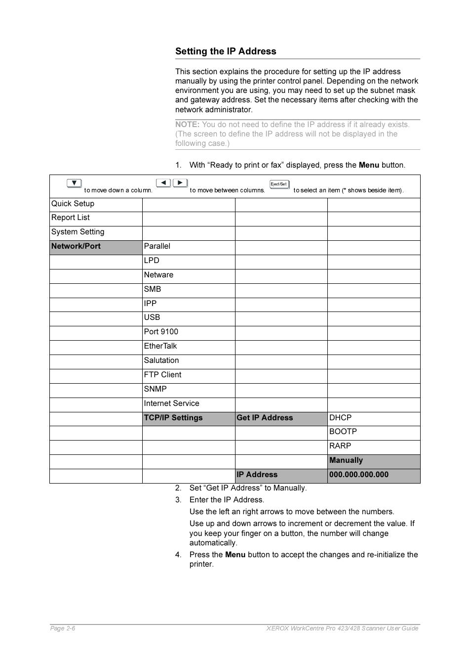 Setting the ip address | Xerox 423 User Manual | Page 16 / 68