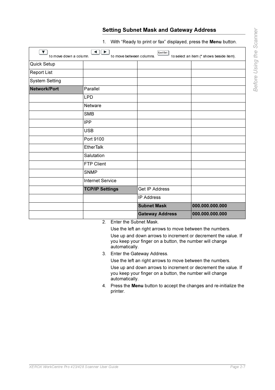 Setting subnet mask and gateway address | Xerox 423 User Manual | Page 17 / 68