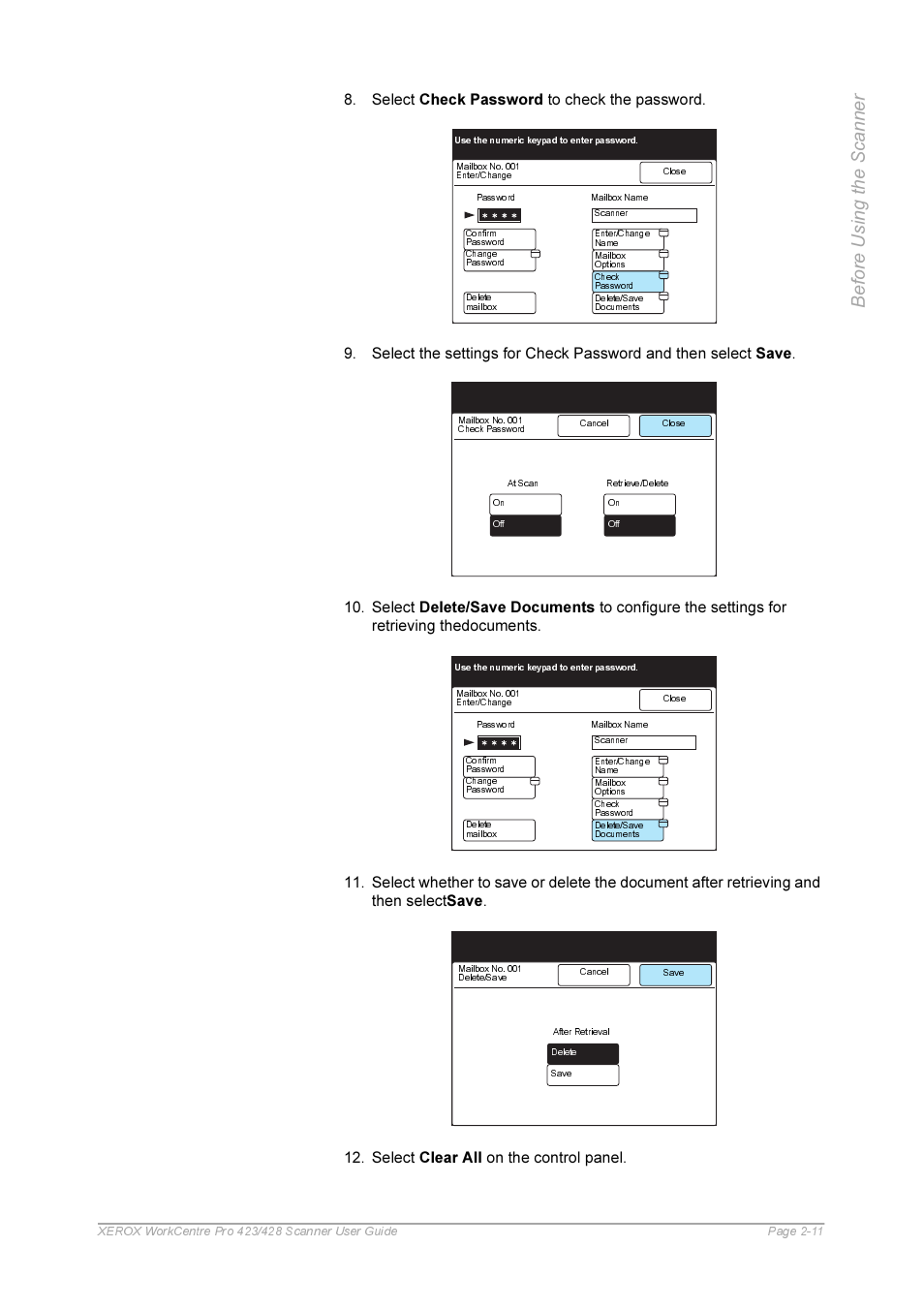 Select check password to check the password | Xerox 423 User Manual | Page 21 / 68