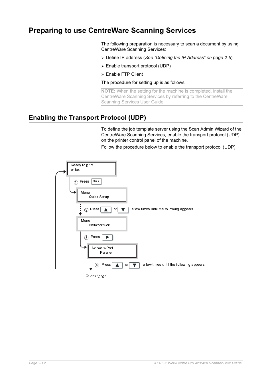 Preparing to use centreware scanning services, Enabling the transport protocol (udp), Preparing to use centreware scanning services -12 | Enabling the transport protocol (udp) -12 | Xerox 423 User Manual | Page 22 / 68