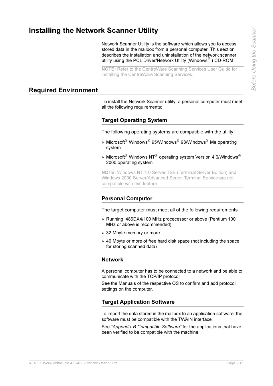 Installing the network scanner utility, Required environment, Target operating system | Personal computer, Network, Target application software, Installing the network scanner utility -15, Personal computer -15 network -15, Target application software -15 | Xerox 423 User Manual | Page 25 / 68