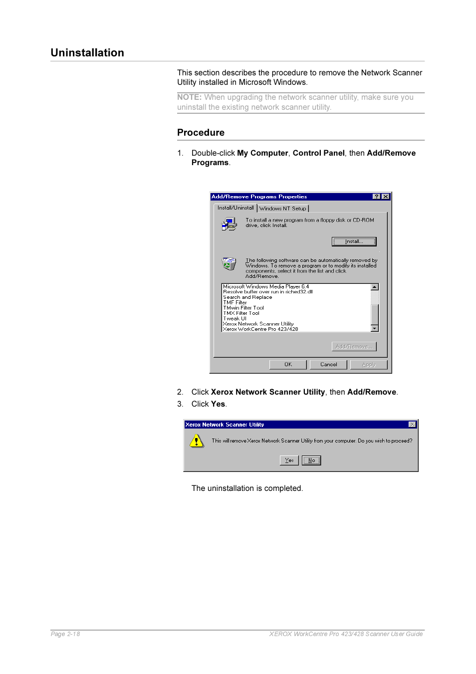 Procedure, Procedure -18, Uninstallation | Xerox 423 User Manual | Page 28 / 68