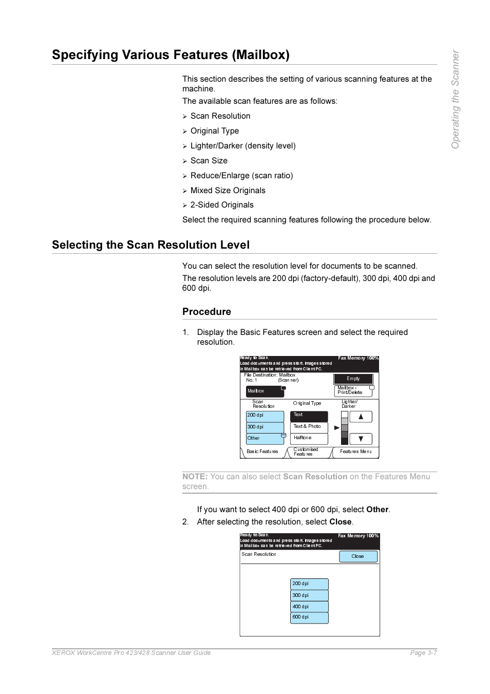 Specifying various features (mailbox), Selecting the scan resolution level, Procedure | Specifying various features (mailbox) -7, Selecting the scan resolution level -7, Procedure -7 | Xerox 423 User Manual | Page 35 / 68