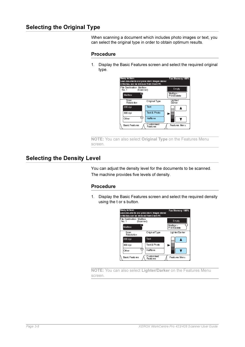 Procedure, Selecting the density level, Procedure -8 | Selecting the density level -8, Selecting the original type | Xerox 423 User Manual | Page 36 / 68