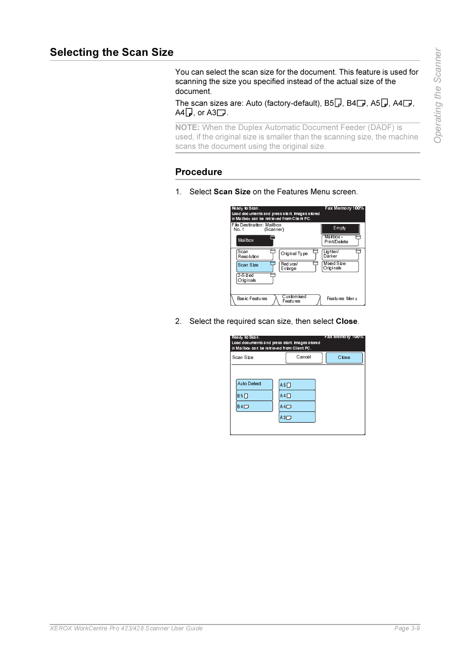 Procedure, Procedure -9, Selecting the scan size | O' procedure | Xerox 423 User Manual | Page 37 / 68
